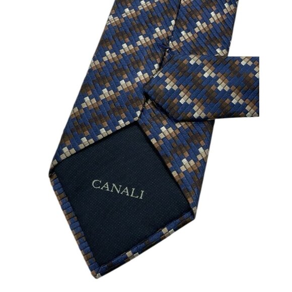 CANALI Men's 100% Silk Necktie LUXURY Tie Blue Brown Beige Geometric W:3.7" EUC - Picture 4 of 4